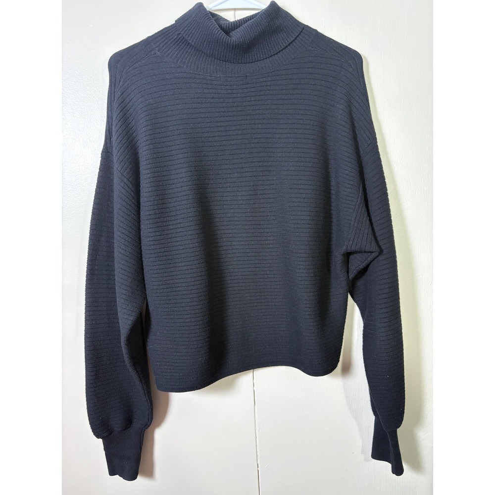 Good American Black Ribbed Mock Neck Balloon Sleeve Sweater 1 Cozy Minimalist - Picture 4 of 4